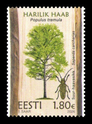 2026 Эстония 1188 Флора. Деревья. Осина. Фауна. Жуки. Большой осиновый скрипун