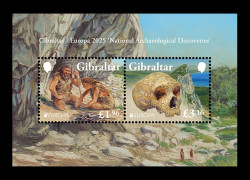 2025 Гибралтар 2200-2201 Европа. Национальные археологические открытия. Неандертальцы из пещер Гибралтара (блок)
