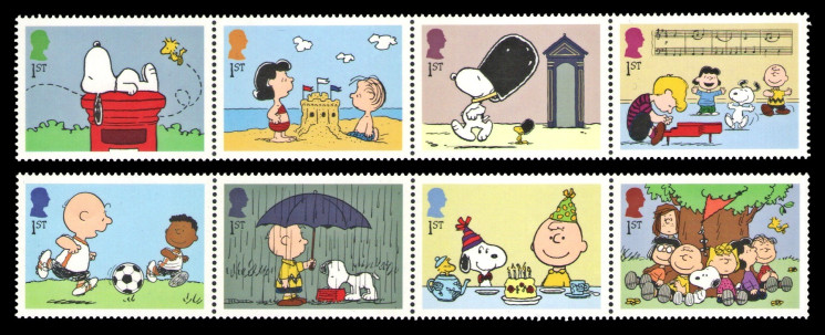 2025 Великобритания 5709-5716 Комикс Peanuts (Мелочь пузатая). Пёс Снупи. Музыка. Футбол