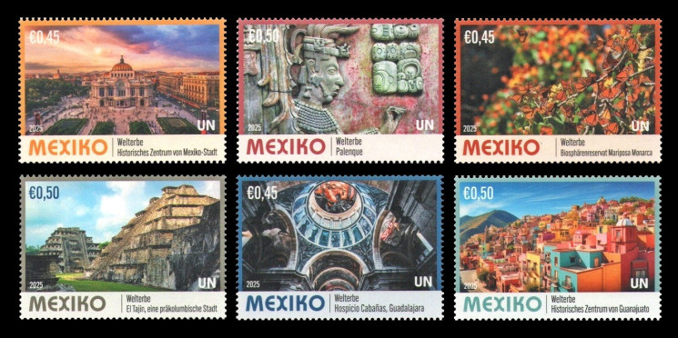 2025 ООН (Вена) 1276-1281 Всемирное наследие ЮНЕСКО в Мексике (II). Архитектура. Бабочки