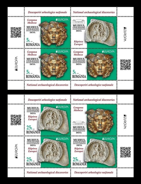 2025 Румыния 8486-8487 Европа. Национальные археологические открытия. Медуза Горгона и Похищение Европы (2 МЛ)