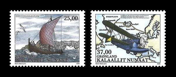 2026 Гренландия 1046-1047 Всемирная филателистическая выставка в Бостоне. Корабль. Самолёт. Карта
