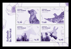 2025 Новая Зеландия 4135-4138 Фауна. Служебные животные. Собака. Птицы. Голубь. Лошадь. Осёл (блок)
