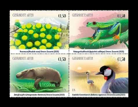 2025 ООН (Вена) 1254-1257 Исчезающие виды флоры и фауны. Родиола. Лягушка. Бегемот. Журавль